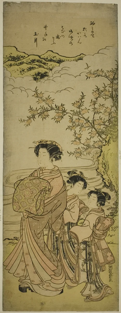 Courtesan and Two Attendants Parading by a Stream by Isoda Koryusai, print, 1771-1781