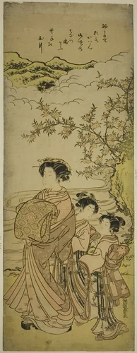 Courtesan and Two Attendants Parading by a Stream by Isoda Koryusai, print, 1771-1781