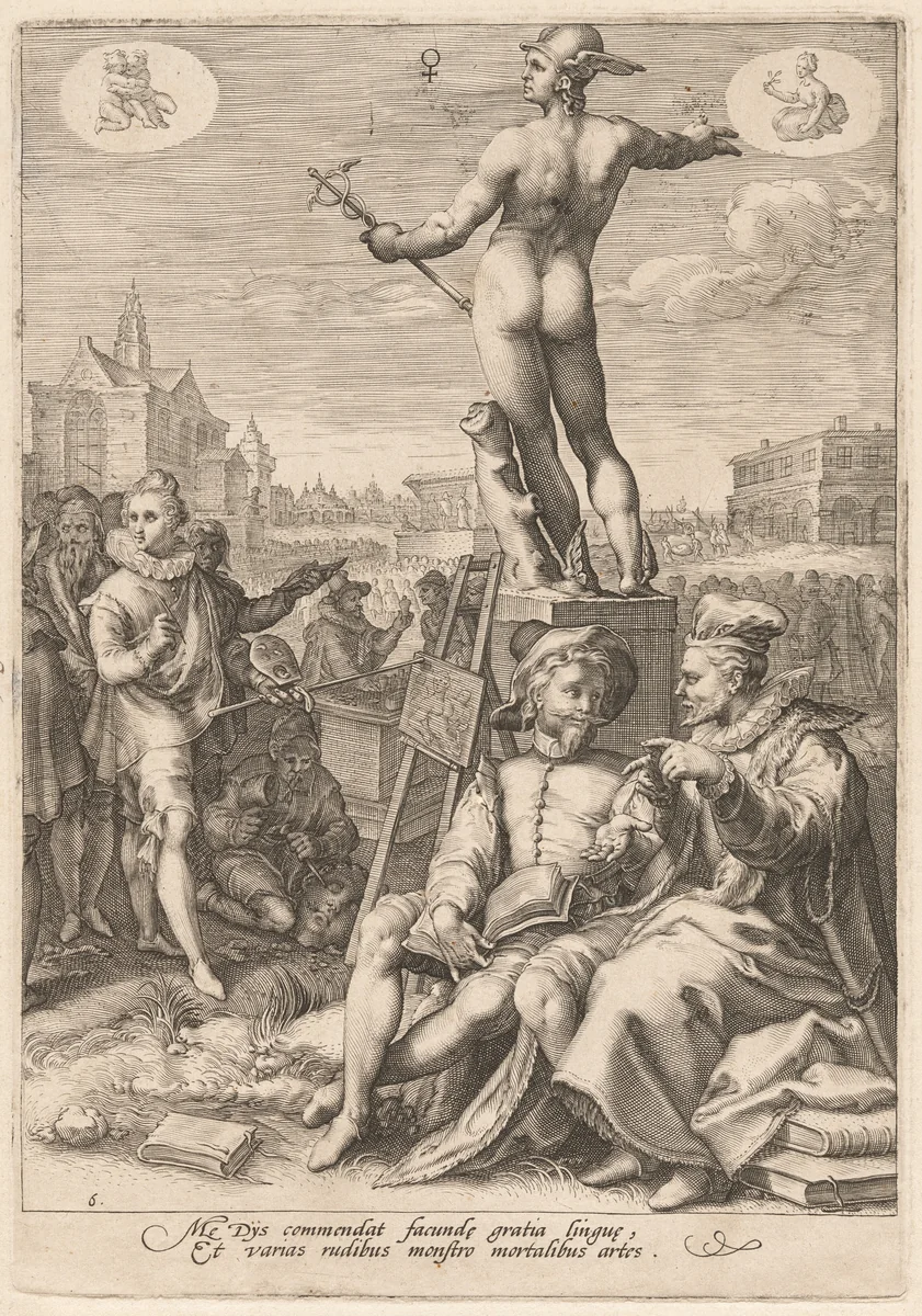Mercury Presiding Over the Visual and Rhetoric Arts by Jan Pietersz Saenredam; Hendrick Goltzius, print, 1596