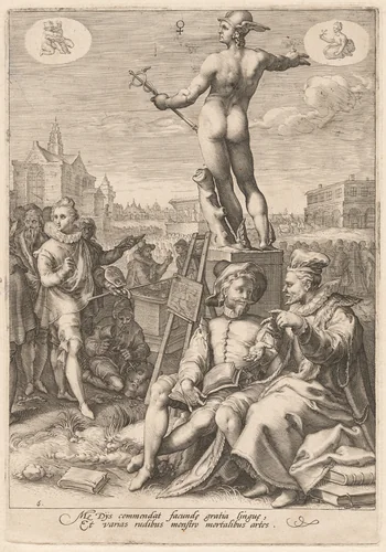 Mercury Presiding Over the Visual and Rhetoric Arts by Jan Pietersz Saenredam; Hendrick Goltzius, print, 1596
