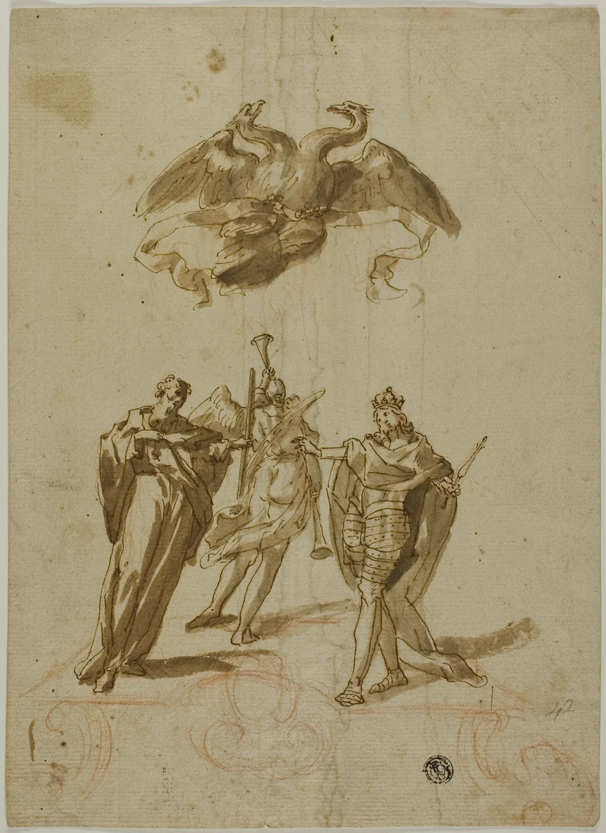 Allegorical Subject: Two-headed Imperial Eagle on Clouds; On Ground, a Draped Figure, a King and a Figure of Fame by Unknown Artist, drawing, 1500-1599