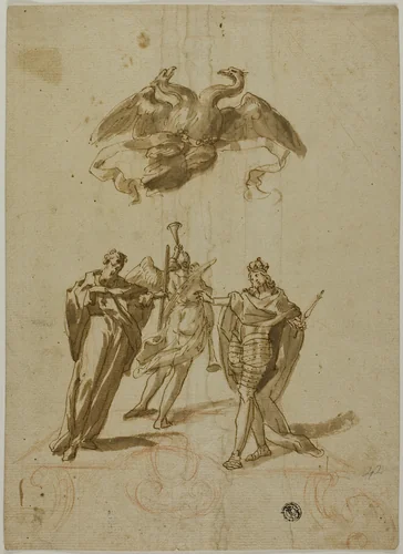 Allegorical Subject: Two-headed Imperial Eagle on Clouds; On Ground, a Draped Figure, a King and a Figure of Fame by Unknown Artist, drawing, 1500-1599