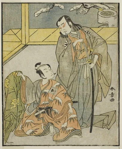 The Actors Nakamura Denkuro II as Suma no Dairyo (right), and Ichikawa Komazo II as Ariwara no Yukihira (left), in the Play Kuni no Hana Ono no Itsumoji, Performed at the Nakamura Theater in the Eleventh Month, 1771 by Katsukawa Shunsho (勝川 春章), print, 1767-1777