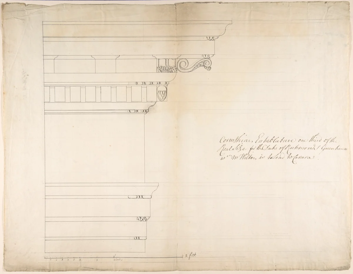 Design for a Corinthian Entablature for the Duke of Richmond, either for Richmond House, Whitehall, London, or Goodwood, Sussex by Thomas Hardwick, drawing, 1770-1829
