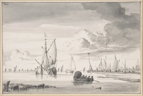 Various Ships and a Rowing Boat on an Estuary by Wigerus Vitringa, drawing, 1665-1725
