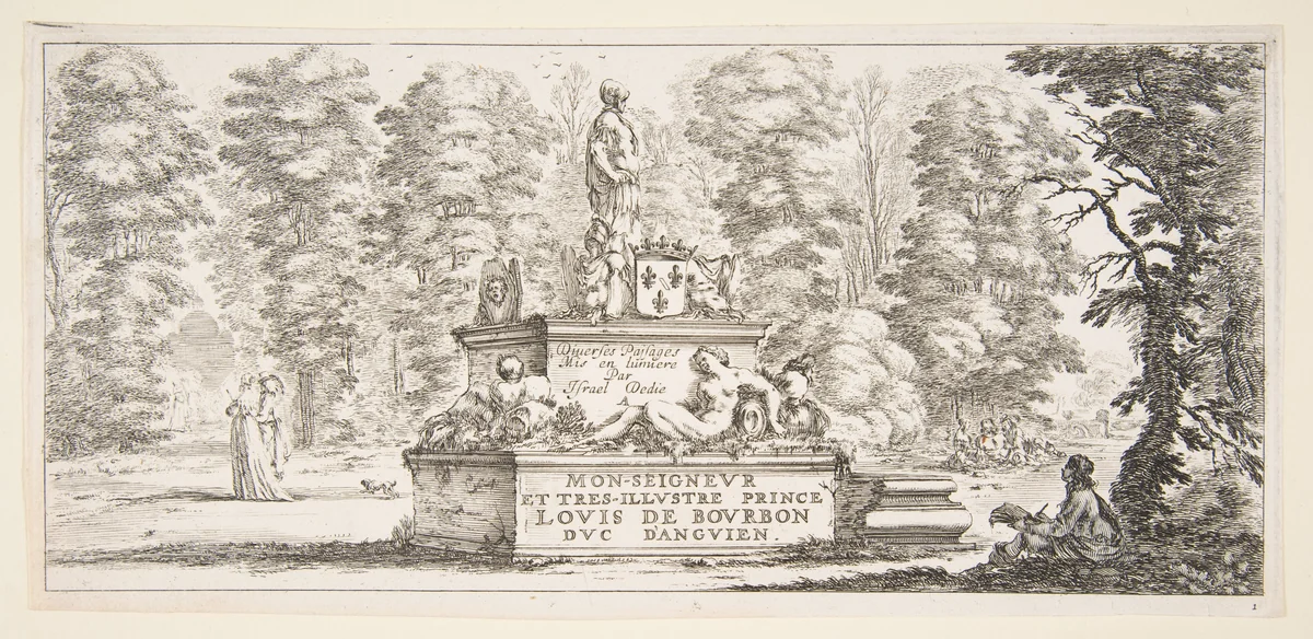 Plate 1: a monument with statues and a coat of arms in the center, a draughstman on the ground beneath a tree to right, two groups of lovers to left in the background, from 'Various landscapes' (Divers paysages) by Stefano della Bella, print, 1638-1648