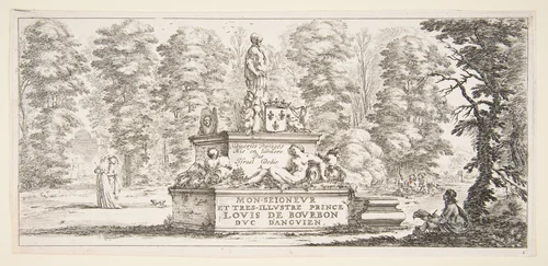 Plate 1: a monument with statues and a coat of arms in the center, a draughstman on the ground beneath a tree to right, two groups of lovers to left in the background, from 'Various landscapes' (Divers paysages) by Stefano della Bella, print, 1638-1648