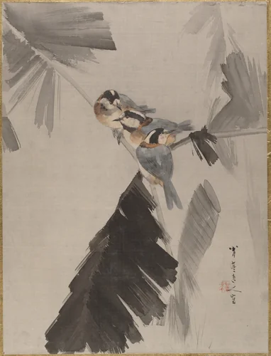 Three Birds on Branch by Watanabe Seitei (渡辺省亭), painting, 1877-1897