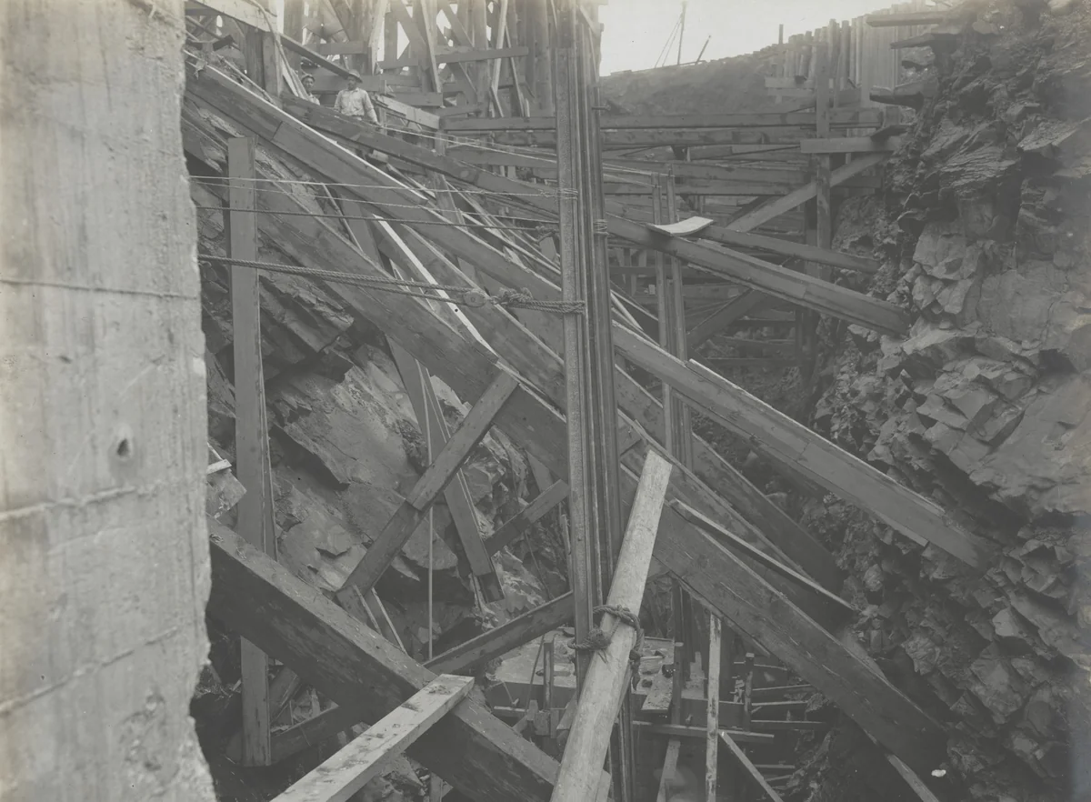 Balboa Terminals. Excavation for West end of Unloader Wharf at Coaling Plant showing bracing of piers under construction by Unidentified Photographer, photograph, 1915
