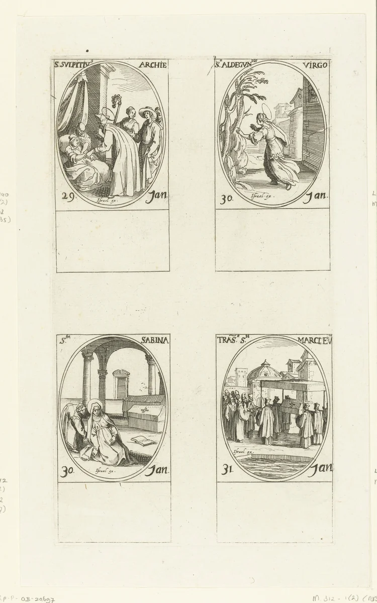 Heilige Sulpicius, Heilige Aldegondis, Heilige Sabina, Translatie van Marcus' stoffelijke resten (29-31 januari) by Jacques Callot, print, 1632-1636