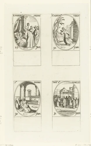 Heilige Sulpicius, Heilige Aldegondis, Heilige Sabina, Translatie van Marcus' stoffelijke resten (29-31 januari) by Jacques Callot, print, 1632-1636