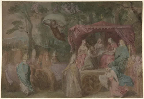 The Triumph of the Church: Ecclesia Presented with the Doctrines, Seated in a Chariot Attended by the Four Doctors of the Church by Otto van Veen, drawing, 1615-1620