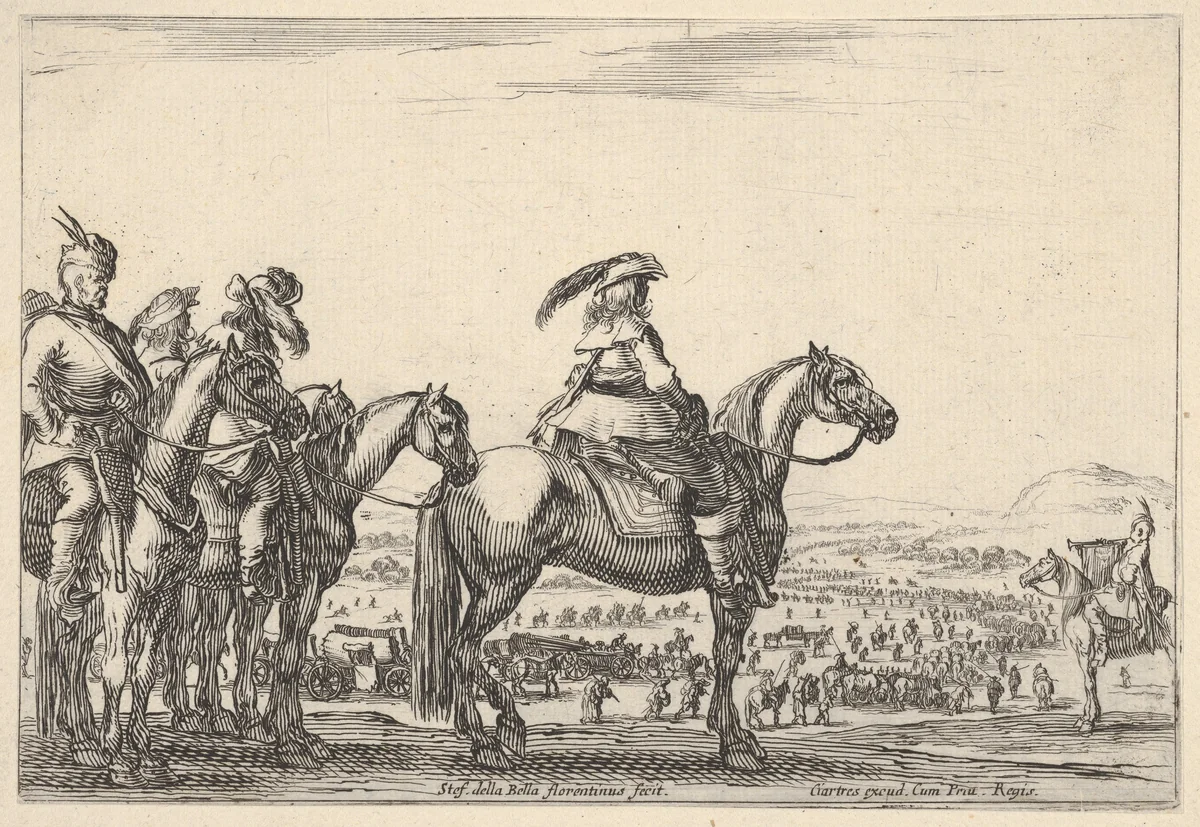 March of an army on a plain, the commander in chief in front, his aides behind him, a trumpeter on horseback at right, a plain with various figures and horses in the background, from "Varie Figure" by Stefano della Bella, print, 1640-1650