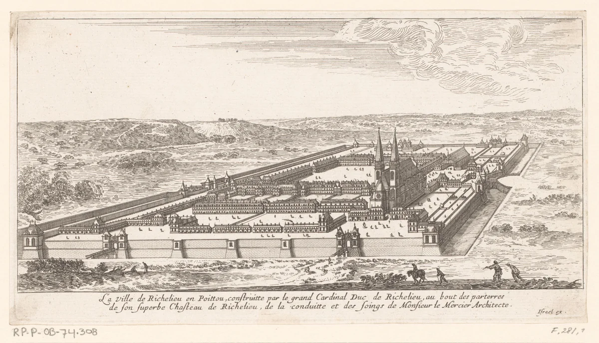 Gezicht op de stad Richelieu by Israël Silvestre, print, 1631-1661