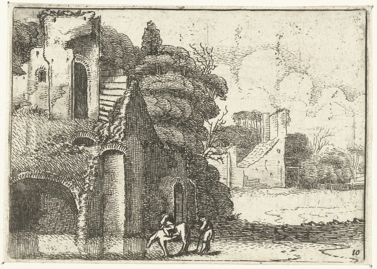 Drinkend paard bij ruïnes by Jan van de Velde, print, 1603-1641