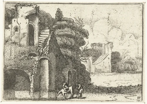 Drinkend paard bij ruïnes by Jan van de Velde, print, 1603-1641