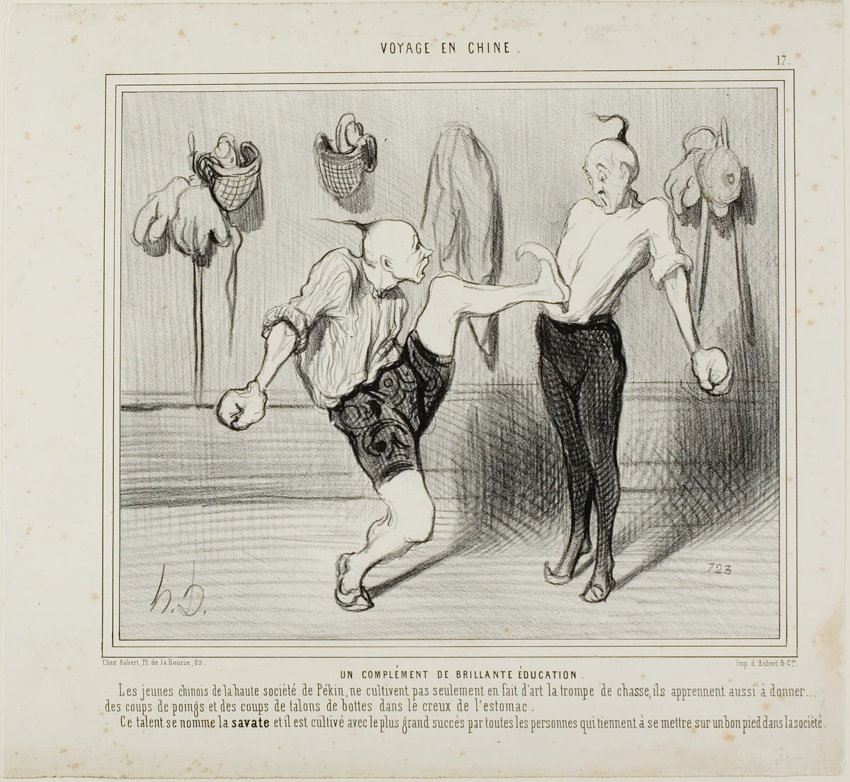 An Addition to a Splendid Education. The young Chinese of the upper class don't only cultivate the art of the hunting horn, they also learn to give punches with the fist or the heels of their boots right into the pit of the stomach. This talent is called boxing with the feet and it is cultivated with the greatest success by all those who consider placing themselves on a good footing in society, plate 17 from Voyage En Chine by Honoré-Victorin Daumier, print, 1844