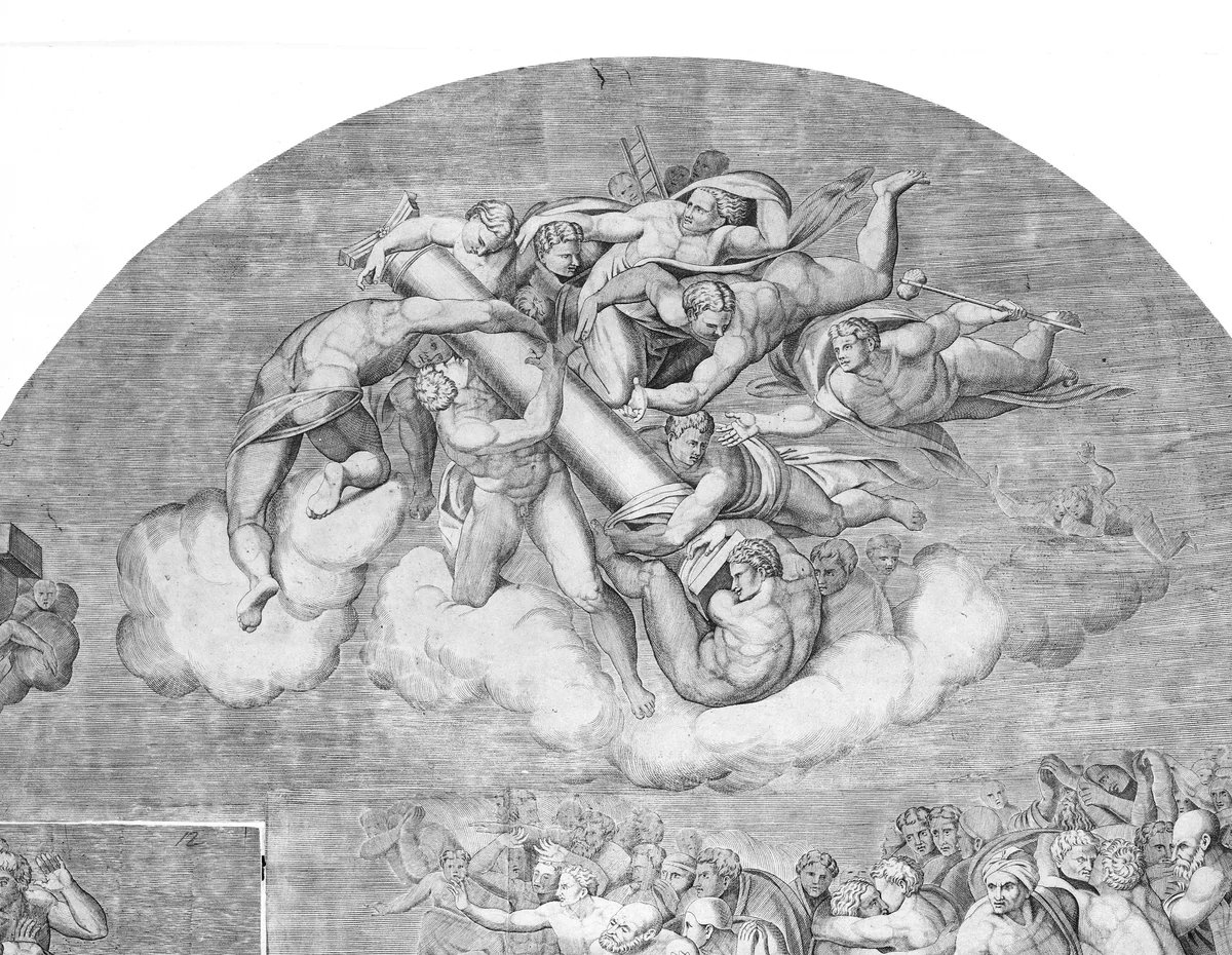 Angels Carrying Pillar with Saints Below (upper right section of the Last Judgment) by Niccolò della Casa, print, 1548