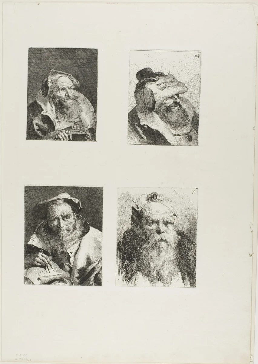 Old Man with a Book, Old Man with His Hat on His Forehead, The Mathematician, Old Man with a Beard by Giovanni Domenico Tiepolo, print, 1775