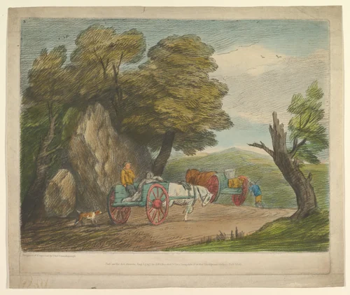 Wooded Landscape with Two Country Carts and Figures by Thomas Gainsborough, print, 1797