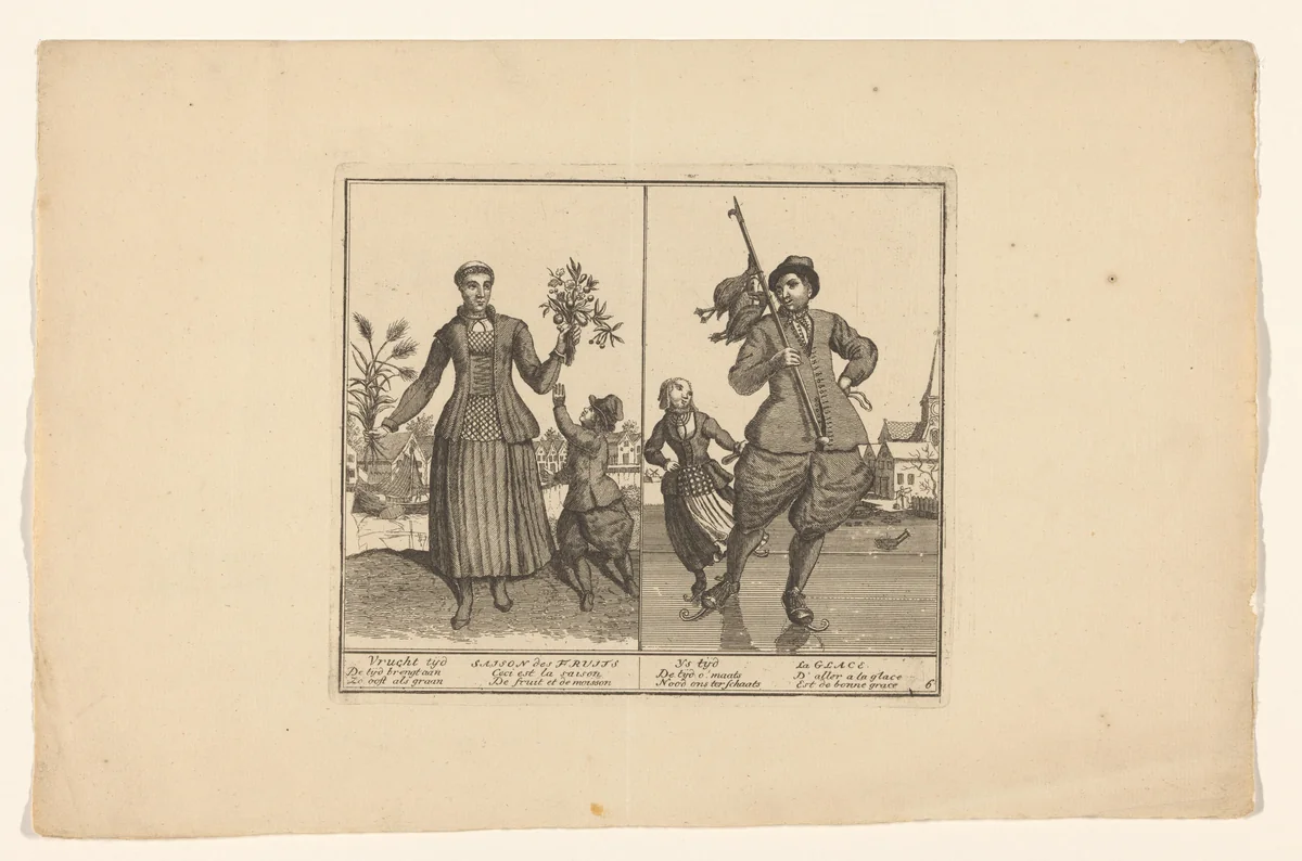 Vrucht tijd / IJs tijd by Abraham Allard, print, 1676-1725