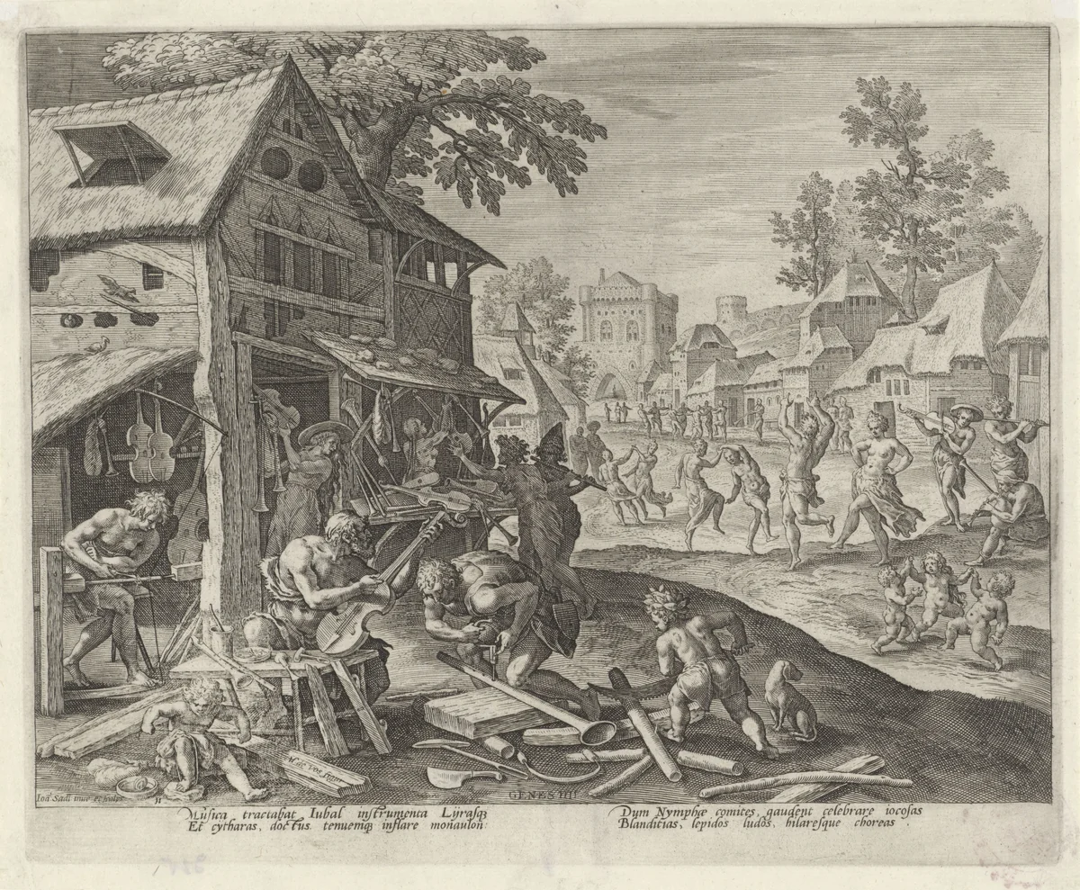 Jubal en zijn gezin maken muziekinstrumenten by Unknown, print, 1583