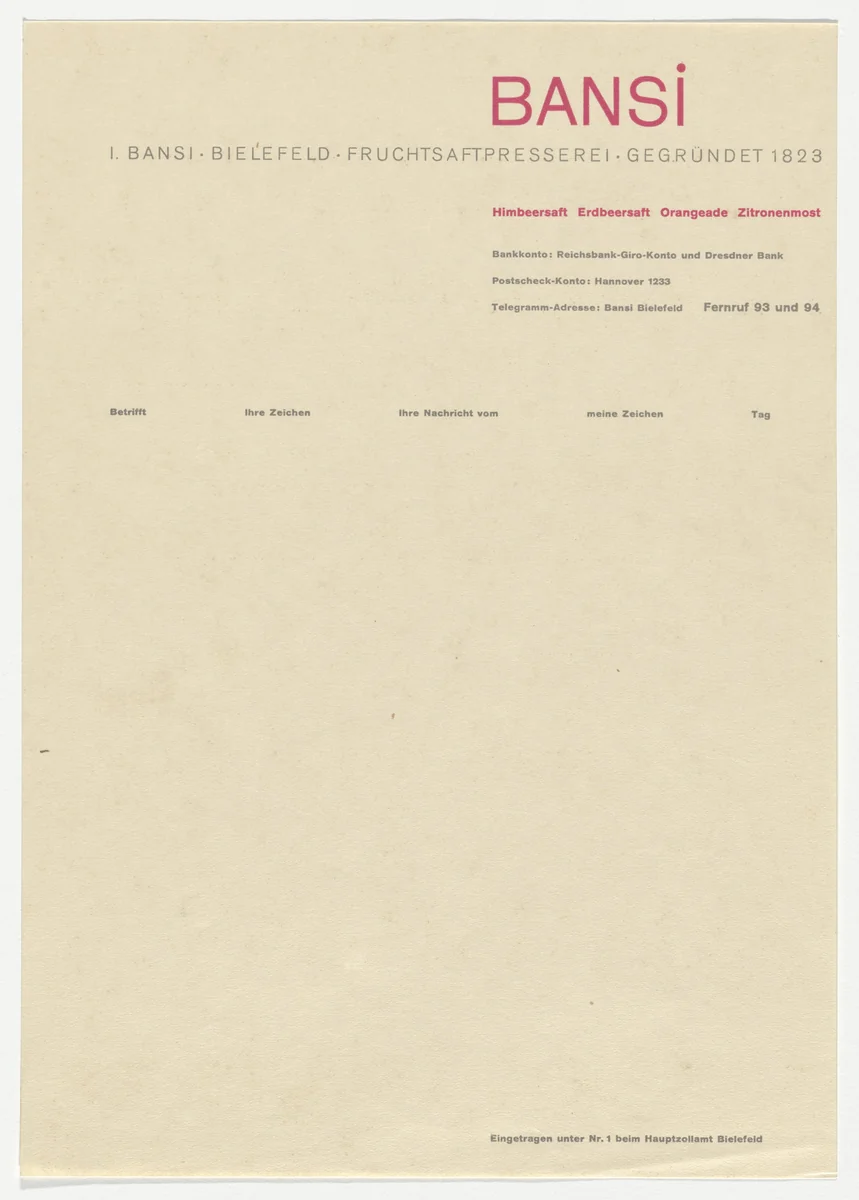 I. Bansi letterhead by Georg Trump, design, 1925