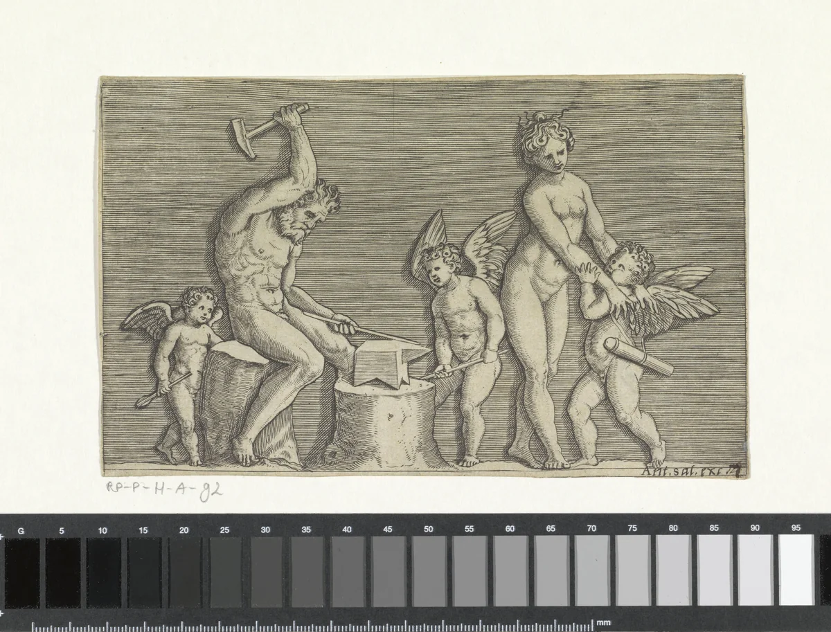 Vulcanus, Venus en drie putti by Marco Dente, print, 1517-1562