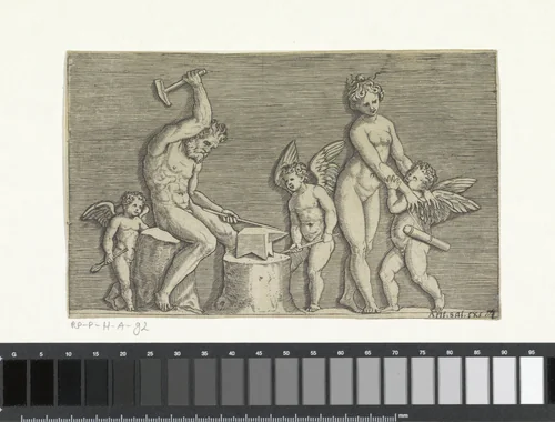 Vulcanus, Venus en drie putti by Marco Dente, print, 1517-1562