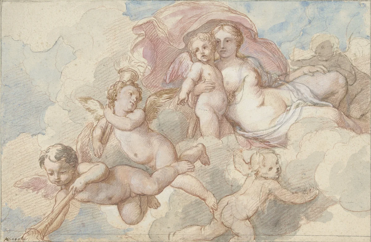 Venus met Amor en putti by Charles Joseph Natoire, drawing, 1710-1777