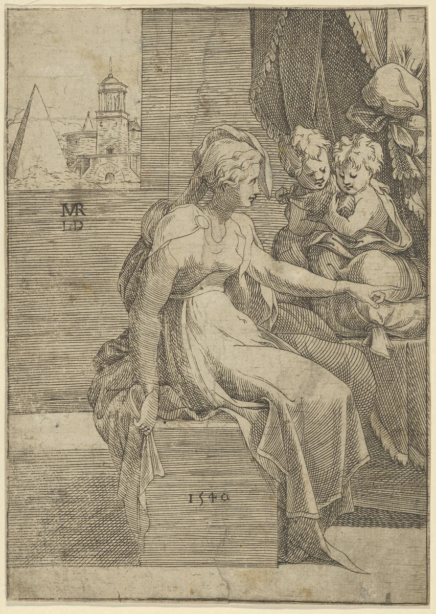Seated woman with two children (Virgin with Christ and St John the Baptist?) by Léon Davent, print, 1540