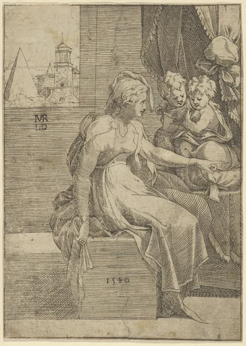 Seated woman with two children (Virgin with Christ and St John the Baptist?) by Léon Davent, print, 1540