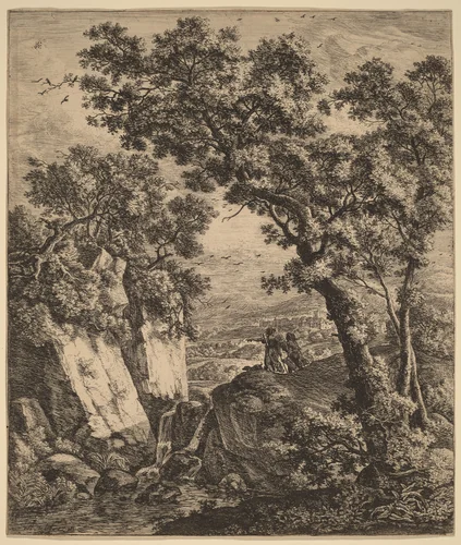 Landscape with Tobias and the Angel by Anthonie Waterloo, print, 1609-1690