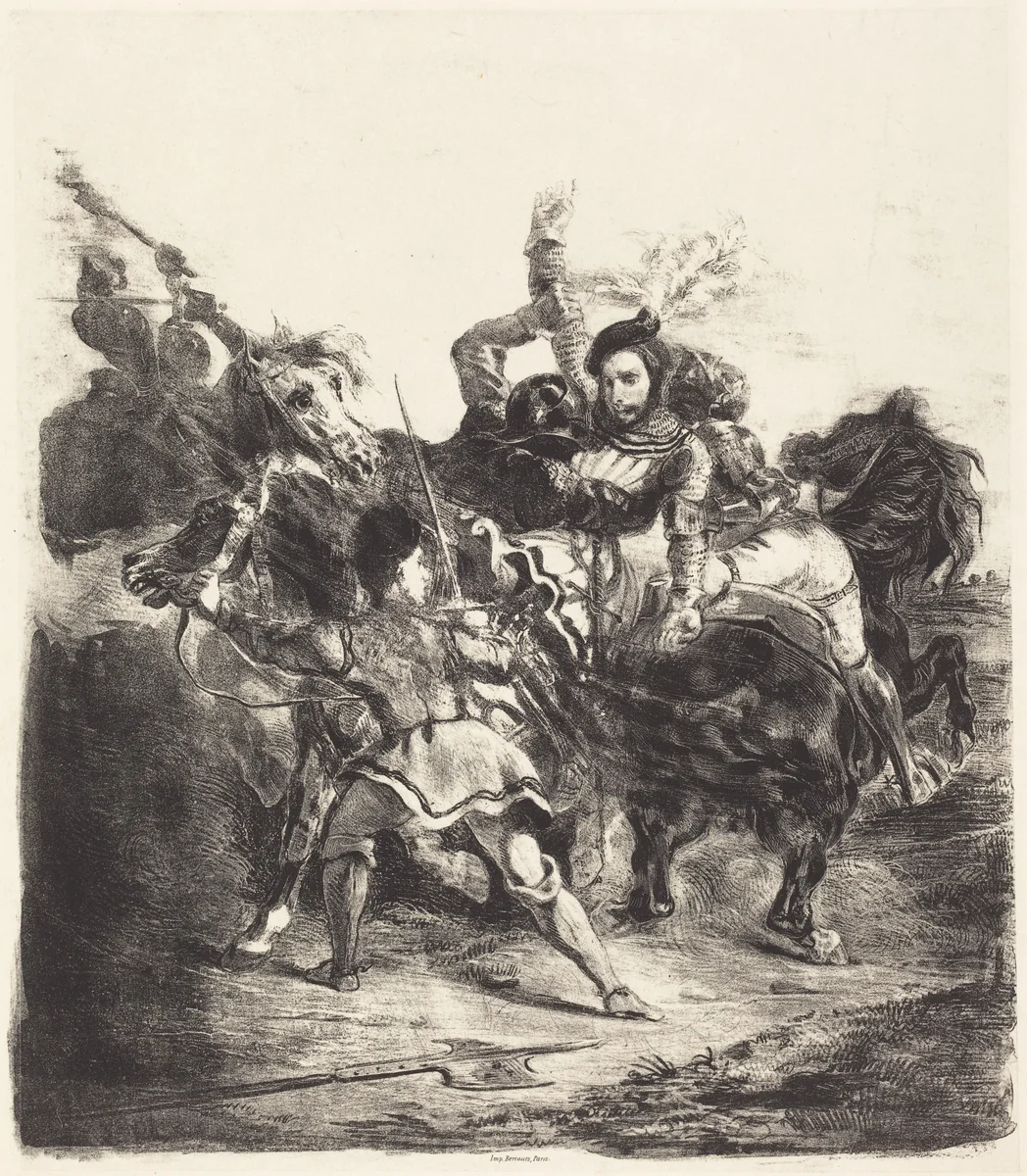 Weislingen Attacked by the Forces of Goetz (Weislingen attaqué par les gens de Goetz) by Eugène Delacroix, print, 1836