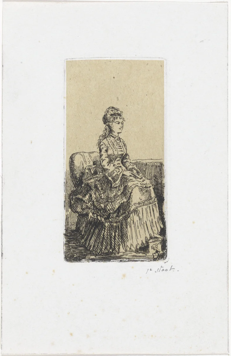Zittende jonge vrouw by Victor Eugène Louis de Stuers, print, 1853-1916