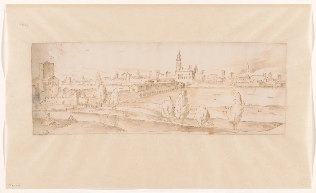 Gezicht op de stad Pavia by Guilliam van Nieulandt, drawing, 1599-1604