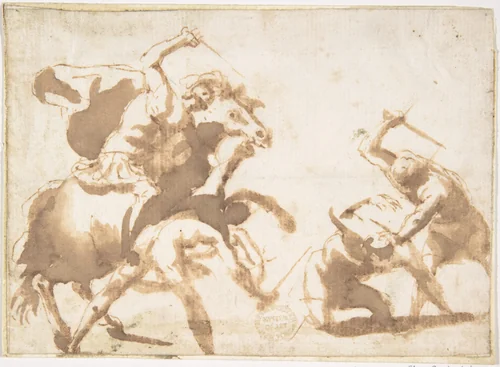 Horsemen and Three Foot Soldiers in Battle by Francesco Allegrini, drawing, 1624-1663