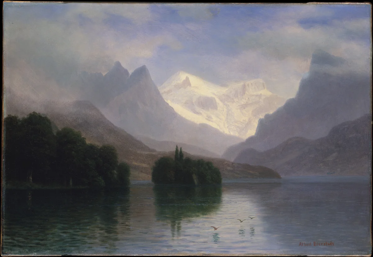 Mountain Scene by Albert Bierstadt, artwork, 1880-1890
