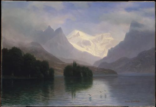 Mountain Scene by Albert Bierstadt, artwork, 1880-1890