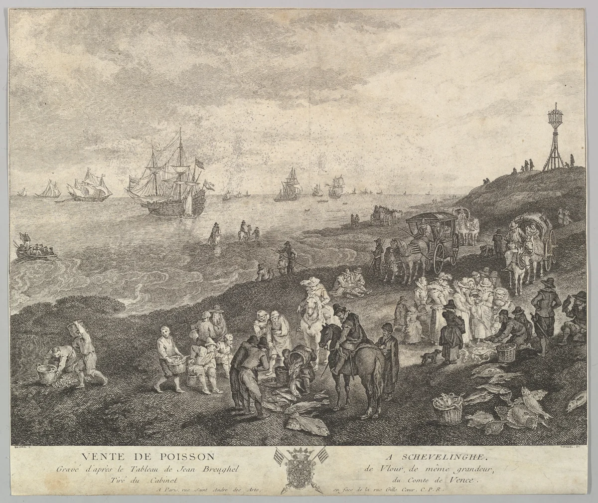 Selling Fish at Scheveningen (Vente de Poisson a Schevelinghe [sic]) after the painting in the collection of the Comte de Vence by Quentin Pierre Chedel, print, 1705-1762