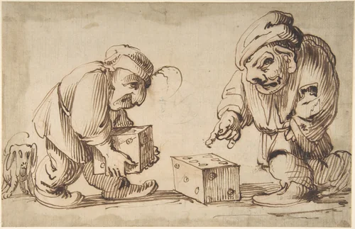 Two Dwarfs Playing Dice, a Dog at Left (recto); Study of a Leg (verso) by Faustino Bocchi, drawing, 1659-1742