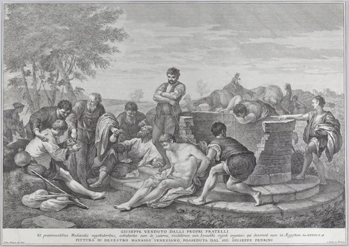 Joseph being sold into slavery by his brothers, who sit around a well dividing up the coins by Pietro Monaco, print, 1730-1739