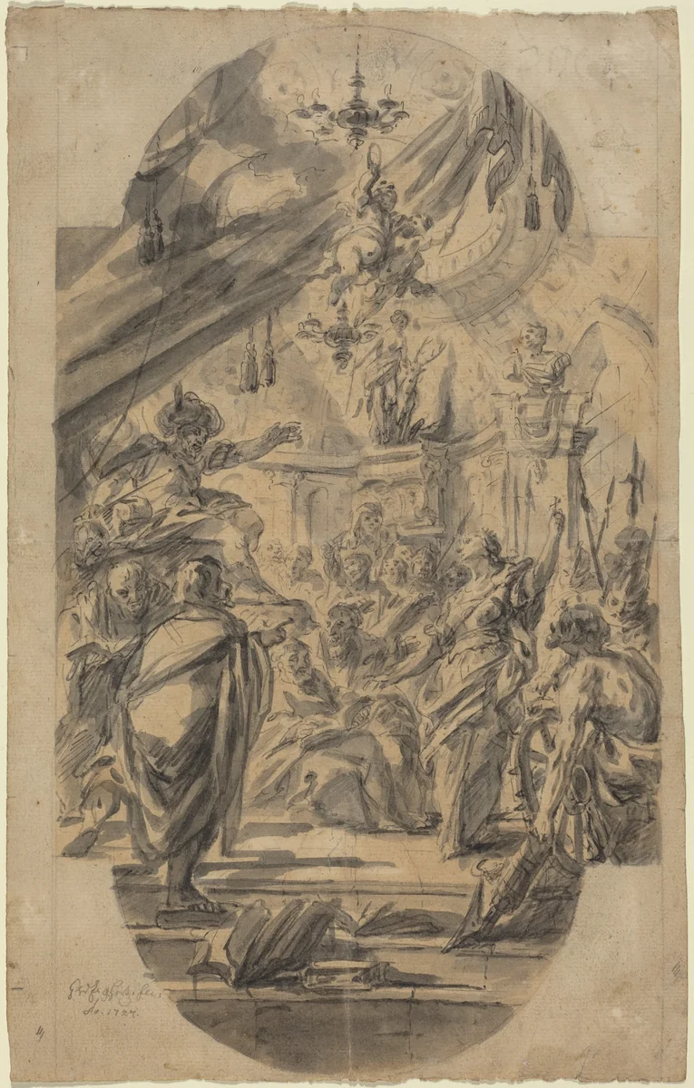 The Disputation of Saint Catherine of Alexandria by Georg Wilhelm Neunhertz, drawing, 1727