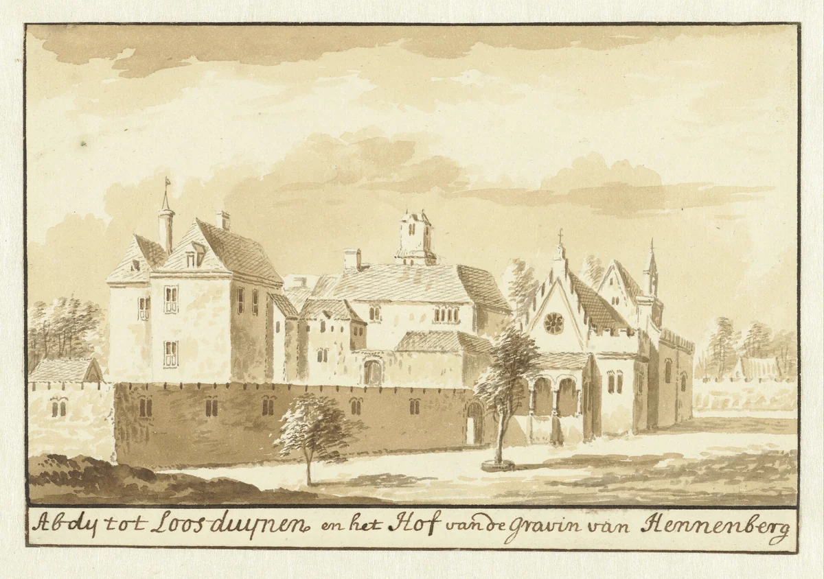 Gezicht op de abdij en het hof van Henneberg te Loosduinen by Abraham Rademaker, drawing, 1685-1735