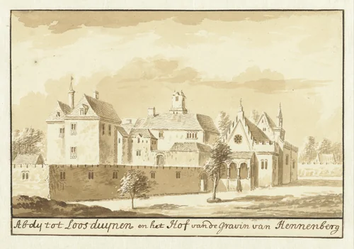 Gezicht op de abdij en het hof van Henneberg te Loosduinen by Abraham Rademaker, drawing, 1685-1735