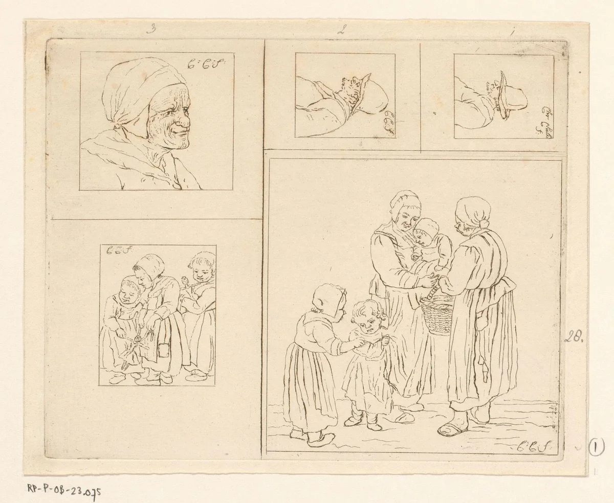 Vijf voorstellingen by Pieter de Mare, print, 1779