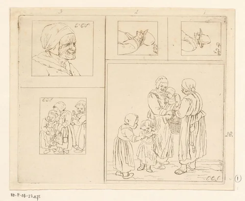 Vijf voorstellingen by Pieter de Mare, print, 1779