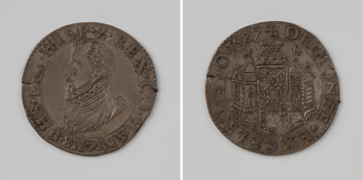 Filips II, koning van Spanje, graaf van Henegouwen by anonymous, metalwork, 1587