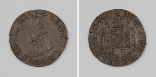 Filips II, koning van Spanje, graaf van Henegouwen by anonymous, metalwork, 1587