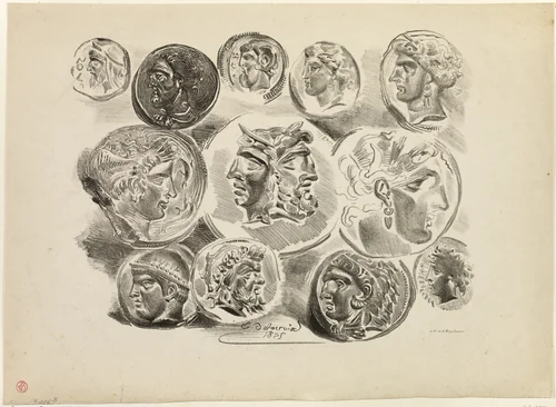 Sheet of Twelve Antique Medals by Eugène Delacroix, print, 1825
